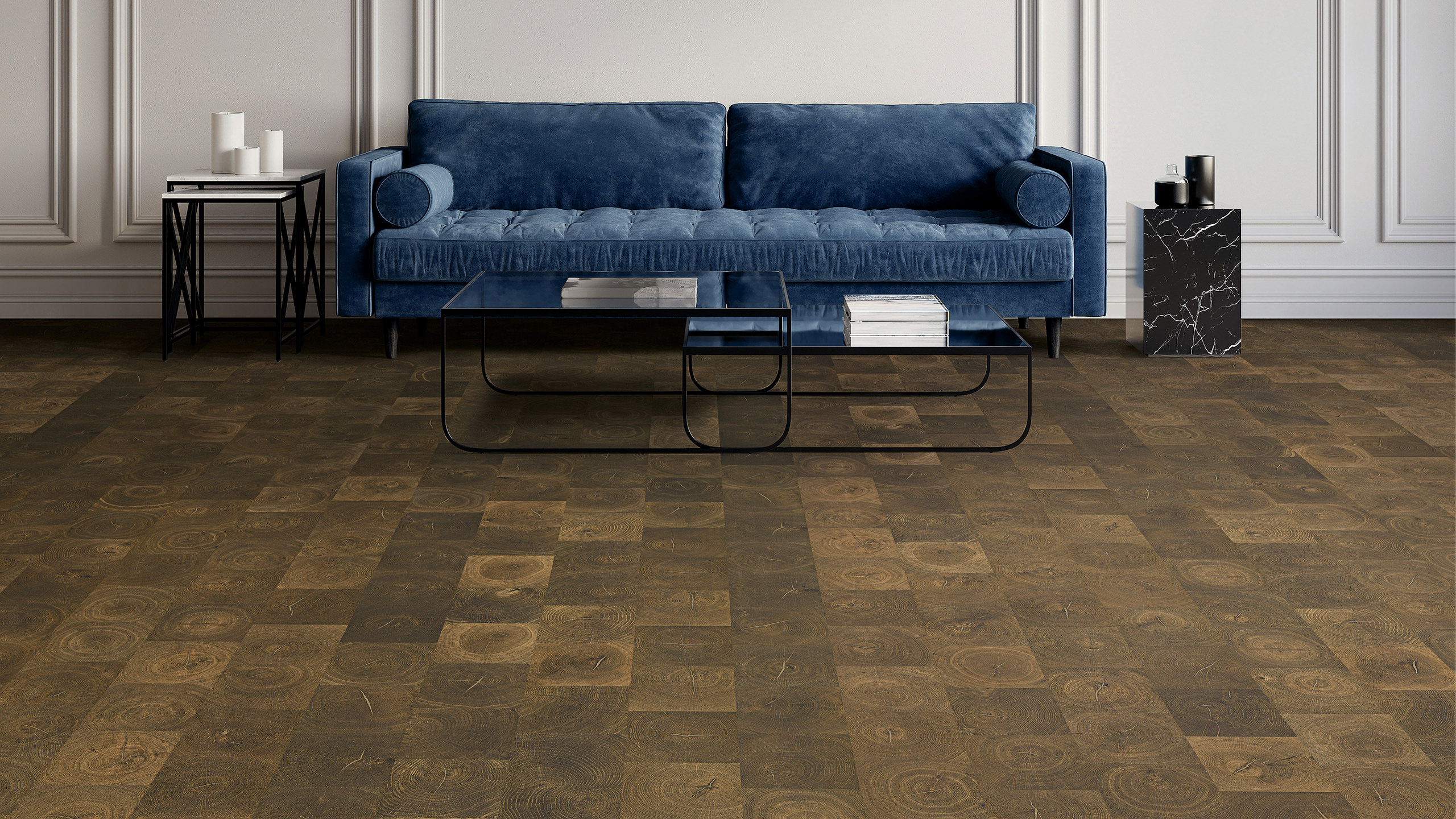Modernes Wohnzimmer mit Parkett aus der HARO Parkettmanufaktur.