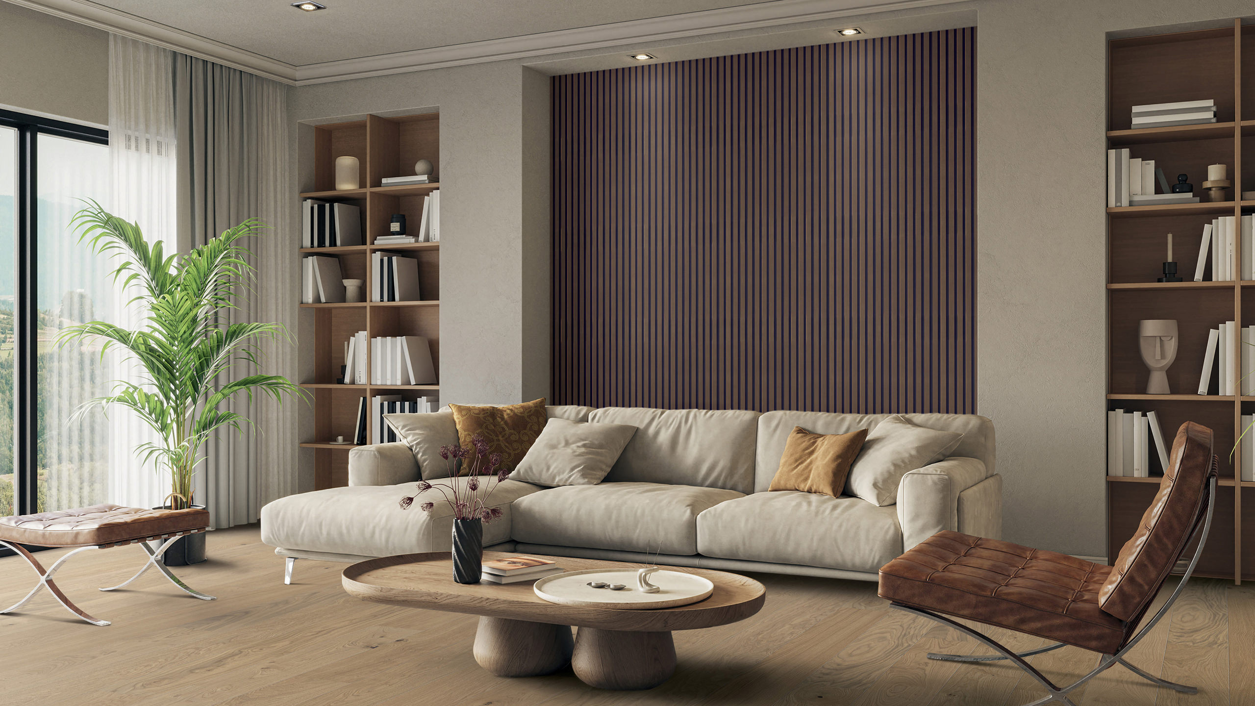 Living room with oak parquet flooring and “ HARO ” Wall Design Stripe as wall covering.