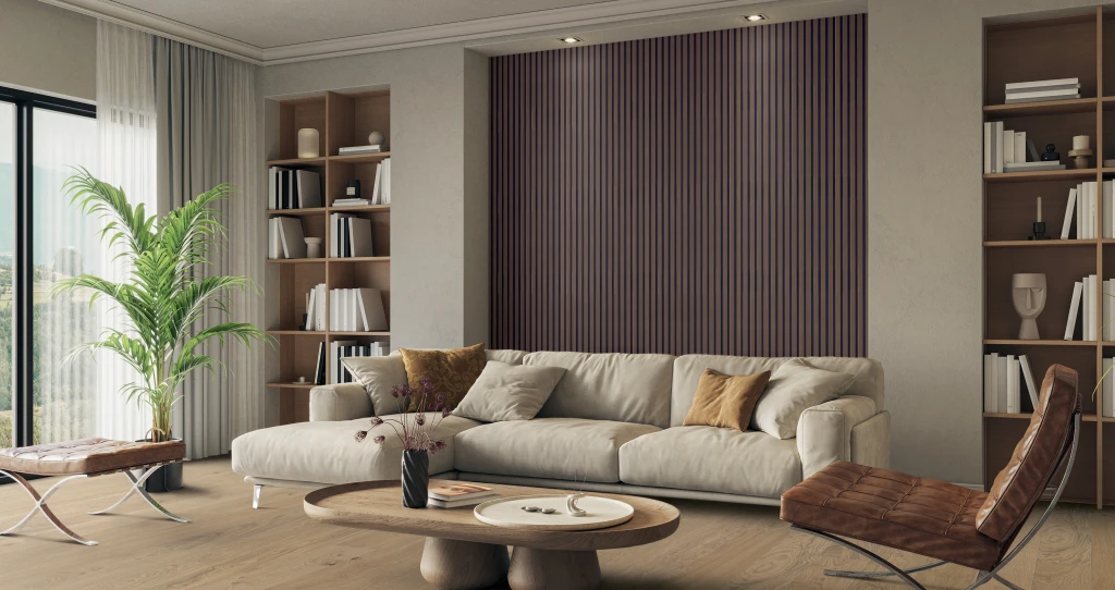 Upscale living room with HARO Wall Stripe on one wall - trendy design meets aesthetic room acoustics for a unique home.