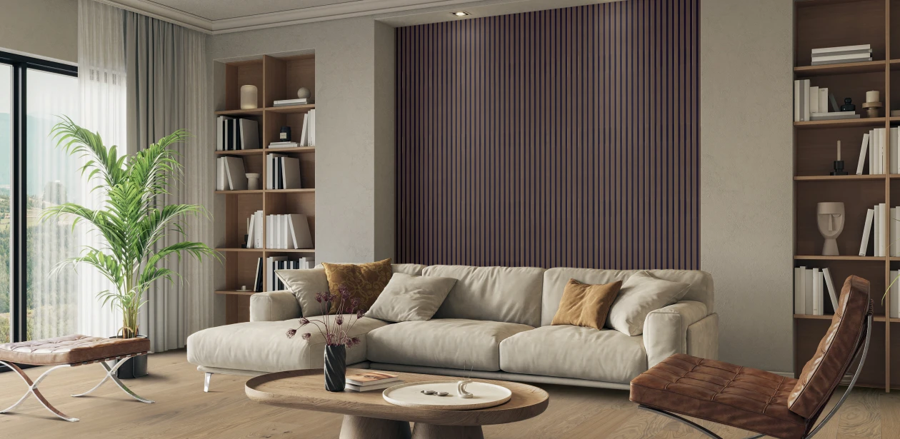 Upscale living room with HARO Wall Stripe on one wall - trendy design meets aesthetic room acoustics for a unique home.