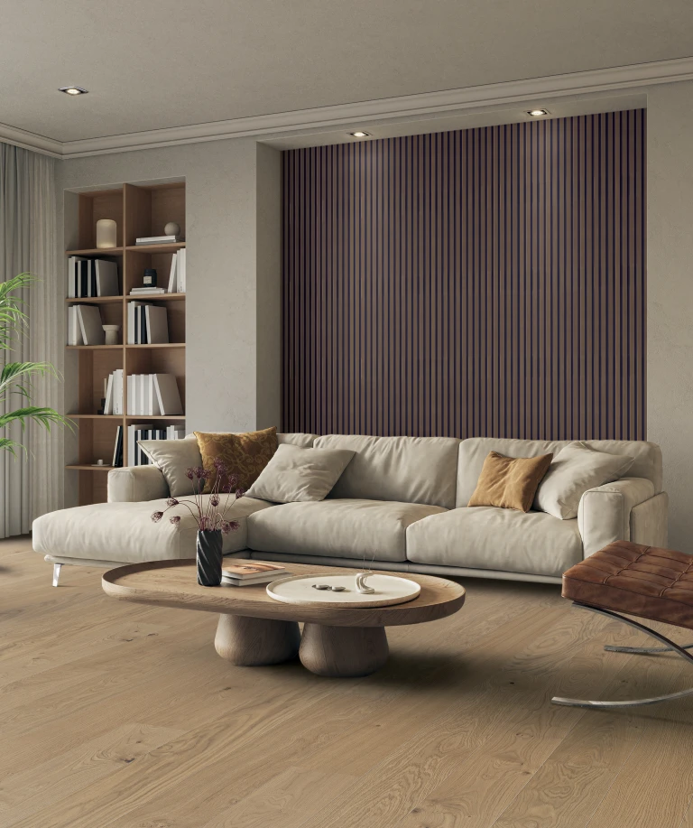 Upscale living room with HARO Wall Stripe on one wall - trendy design meets aesthetic room acoustics for a unique home.