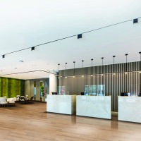 Zona de entrada de una instalación con paneles acústicos HARO en las paredes: diseño funcional que se combina con acústica estética para una recepción acogedora.