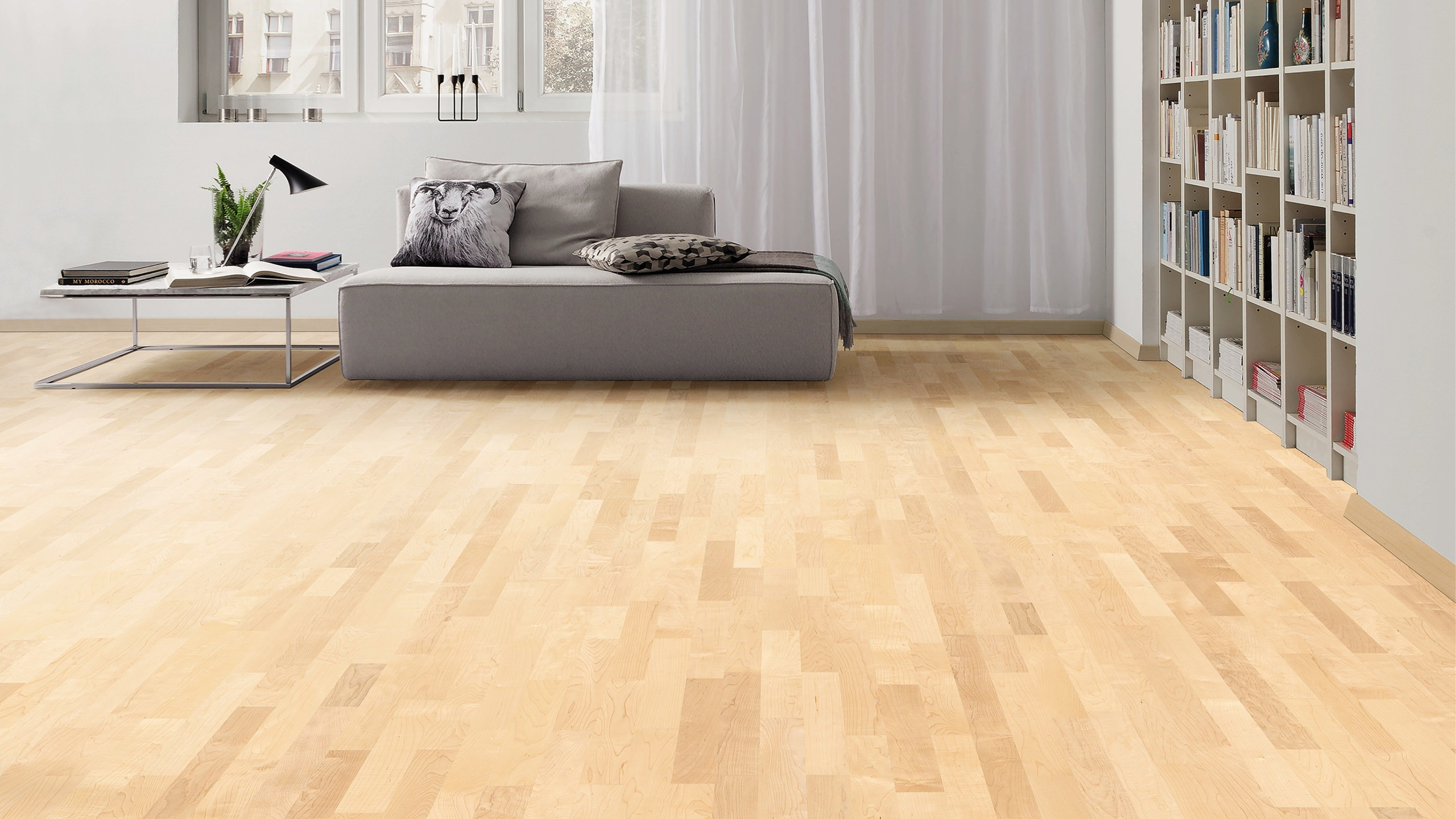 Maple hardwood flooring in a modern living room with a bookshelf.