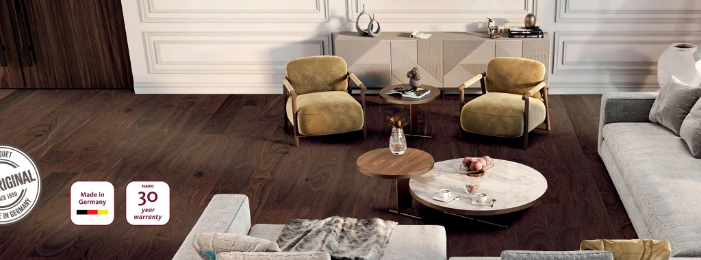 Picture of a living room with HARO walnut parquet flooring