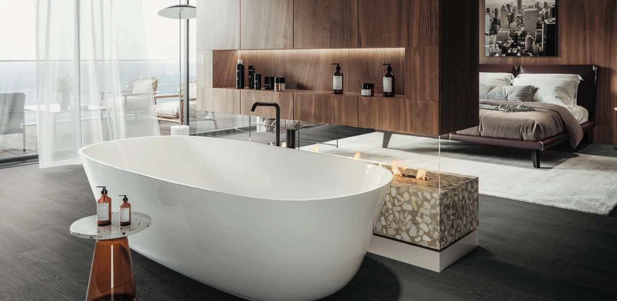 Modern eingerichtetes Schlafzimmer mit offenem Badezimmer und dunklem HARO Laminatboden, der eine elegante und stilvolle Atmosphäre schafft.