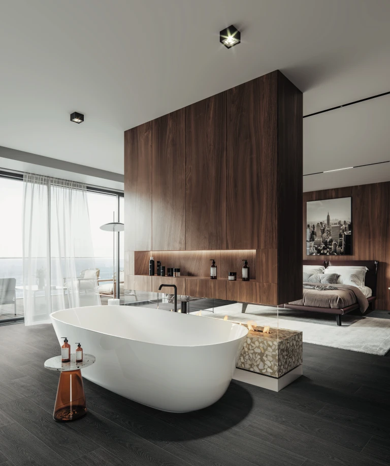 Modern eingerichtetes Schlafzimmer mit offenem Badezimmer und dunklem HARO Laminatboden, der eine elegante und stilvolle Atmosphäre schafft.