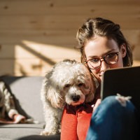 Una mujer con su tableta, su perro mirando por encima de su hombro. En el fondo, una sala de estar acogedora con elementos de madera.