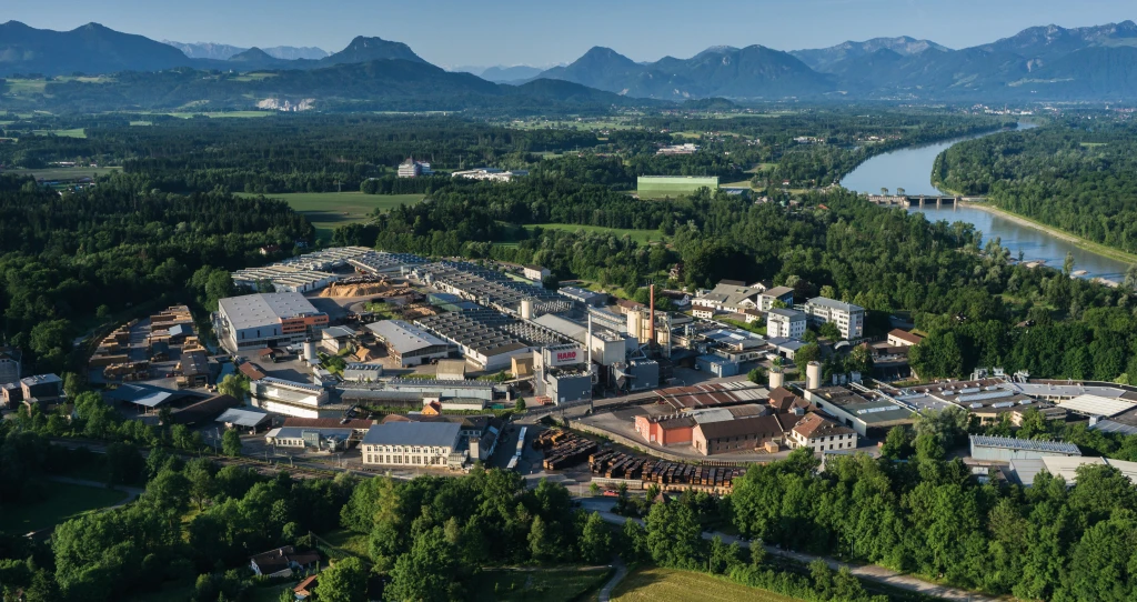 Luftaufnahme des gesamten Hamberger Firmengeländes, aufgenommen aus der Vogelperspektive mit einer Drohne; zu sehen sind Produktionshallen, Verwaltungsgebäude, Parkflächen und umliegende Grünflächen bei Tageslicht.