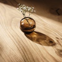 Jarrón elegante con una sola rama, colocado con estilo sobre un suelo de parquet HARO de alta calidad.