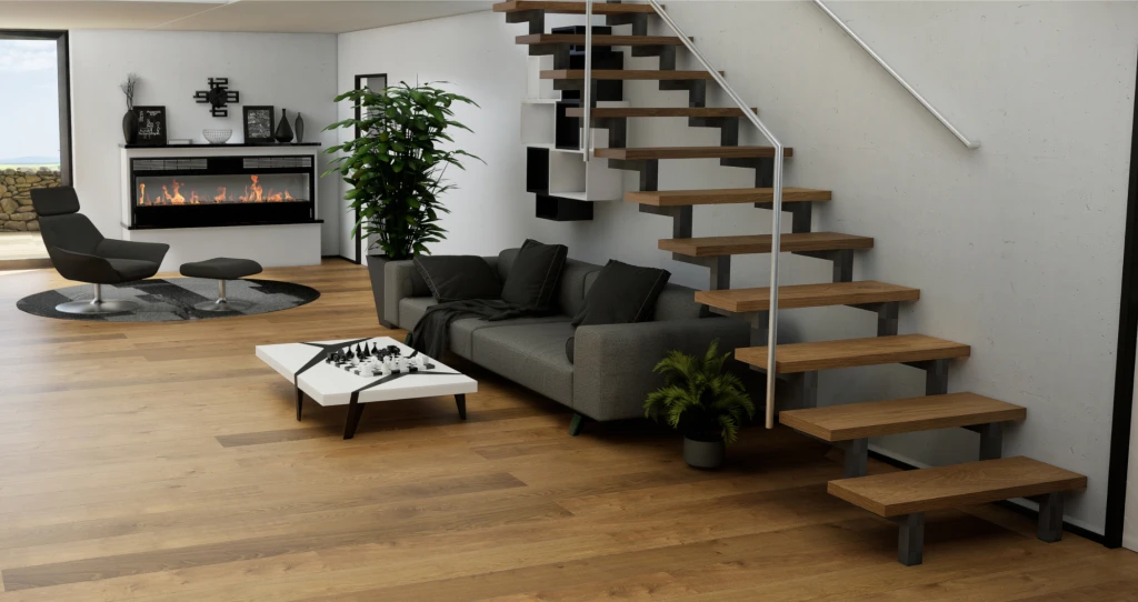 Großzügiges Wohnzimmer mit braunem HARO Parkettboden, der einheitlich auch auf der Treppe verlegt ist.