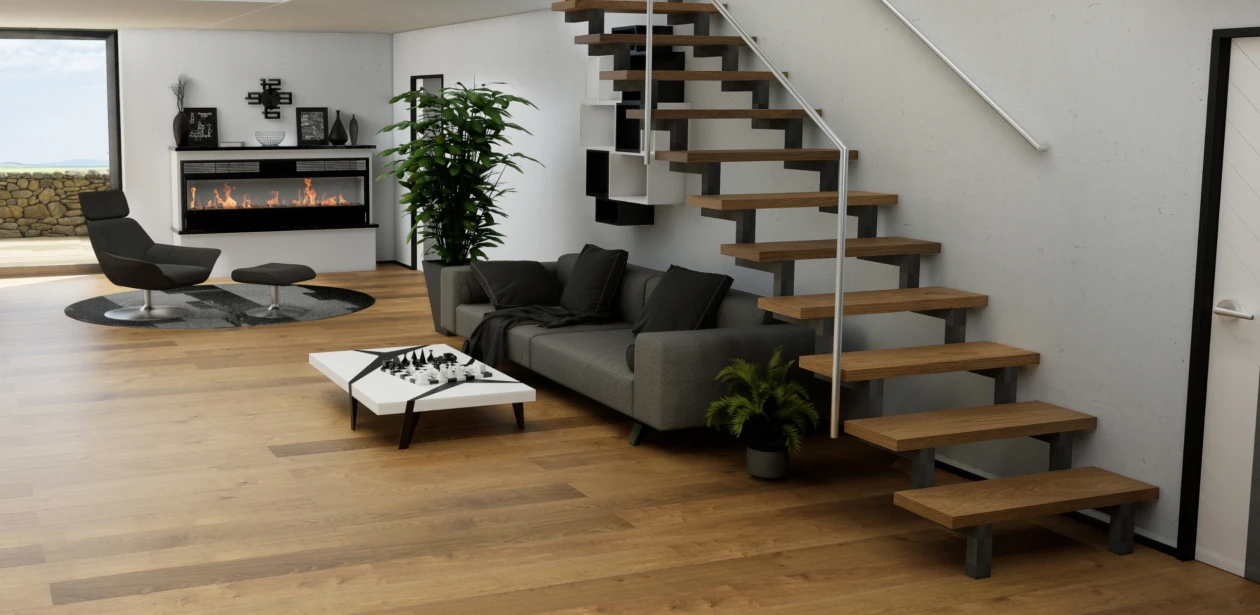 Großzügiges Wohnzimmer mit braunem HARO Parkettboden, der einheitlich auch auf der Treppe verlegt ist.