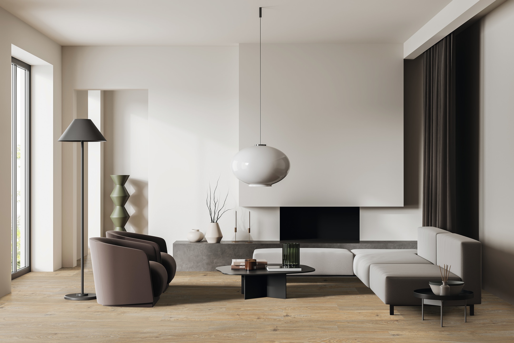 Schlicht eingerichtetes Wohnzimmer mit minimalistischer Dekoration. Die klare Gestaltung schafft eine ruhige und harmonische Atmosphäre.