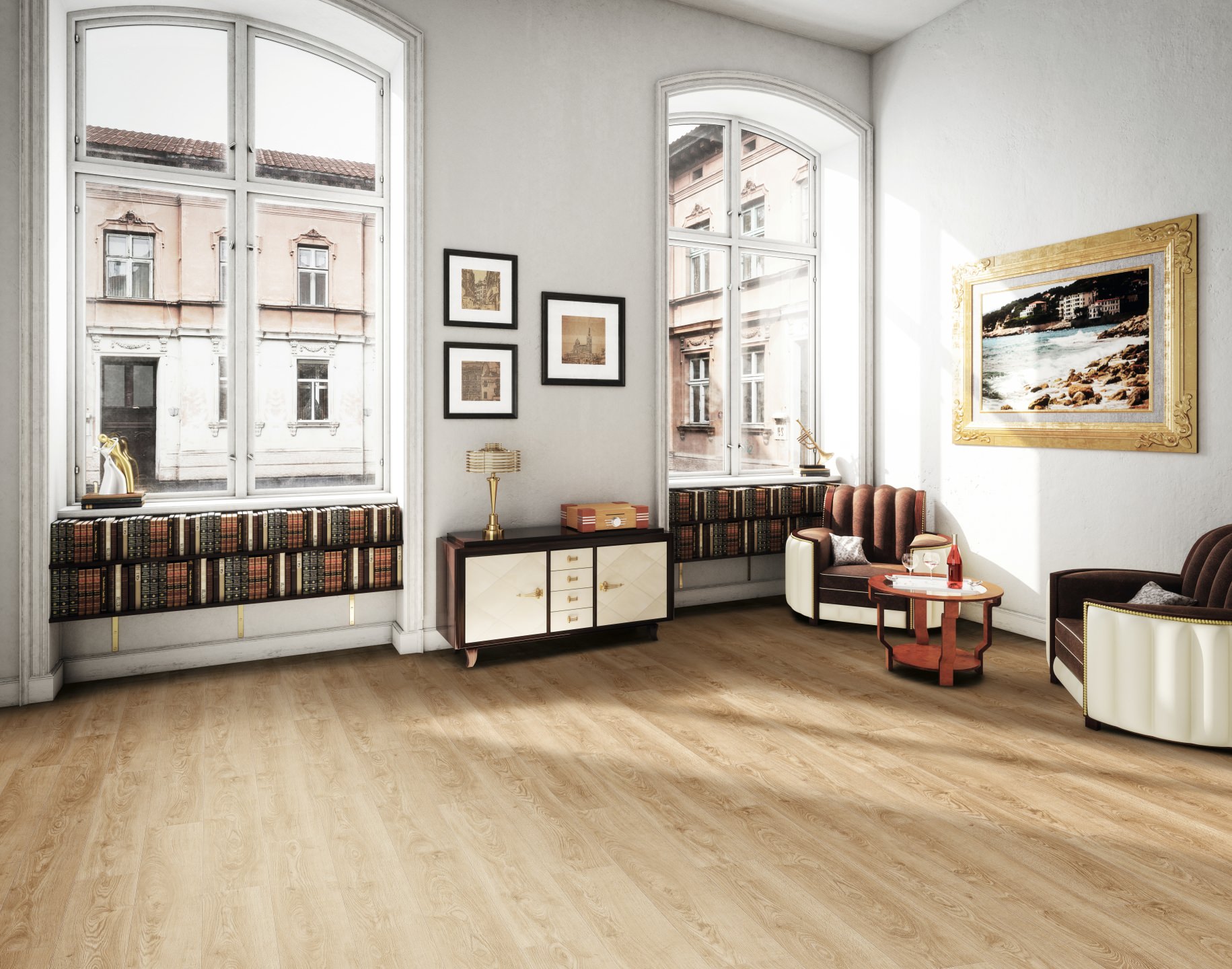 Großes Wohnzimmer im charmanten Vintage-Stil eingerichtet. Klassische Möbel und nostalgische Dekoration verleihen dem Raum eine warme und einladende Atmosphäre.