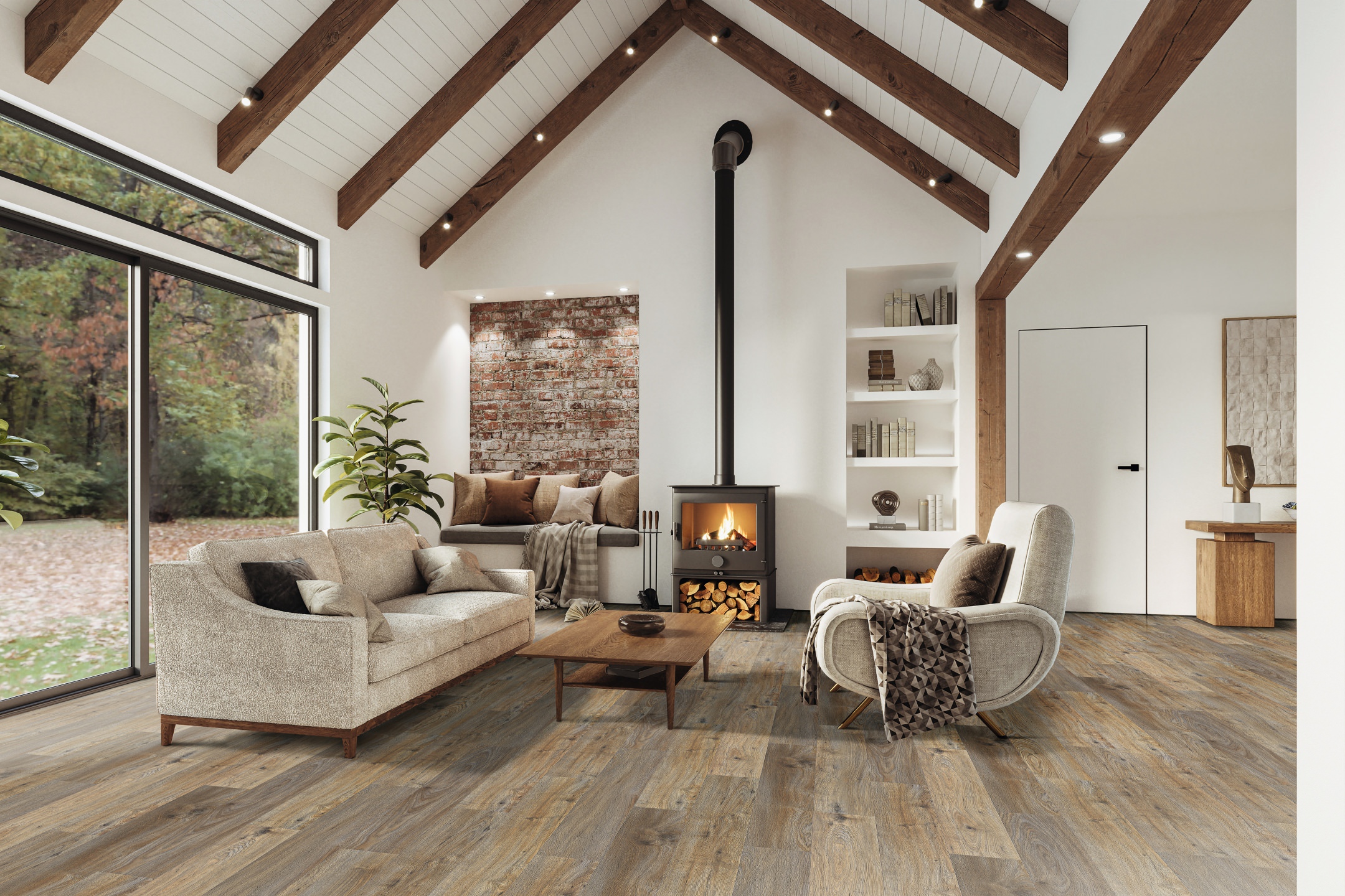 Modernes Wohnzimmer mit grauen Möbeln, hellgrauem HARO Designboden und zugänglichem Raum. Ein Kamin setzt ein stilvolles Highlight.