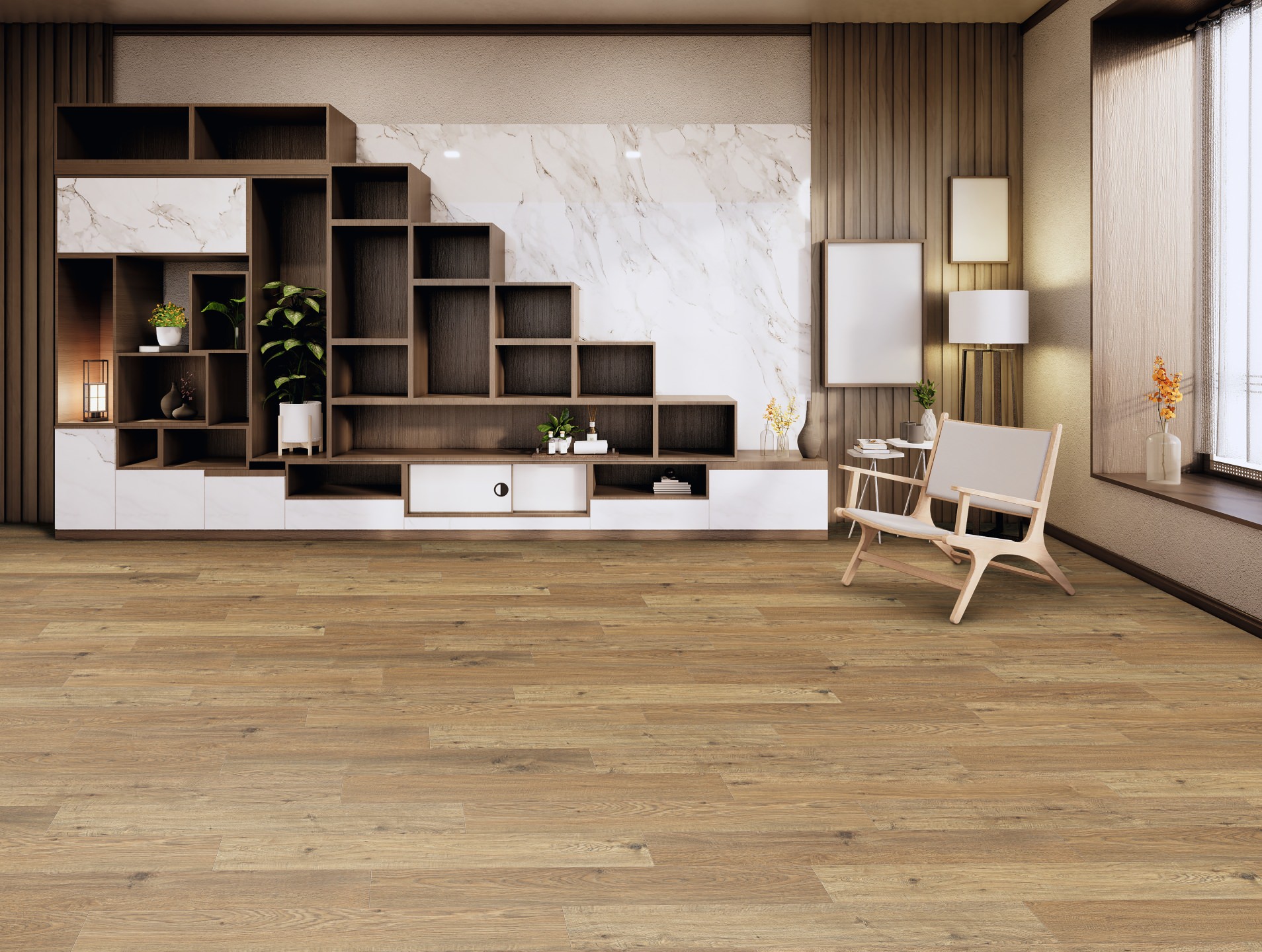 Luxuriös eingerichtetes Wohnzimmer mit braunem HARO Designboden. Die eindrucksvolle Marmorwand setzt ein edles Highlight und verstärkt die elegante Raumwirkung.