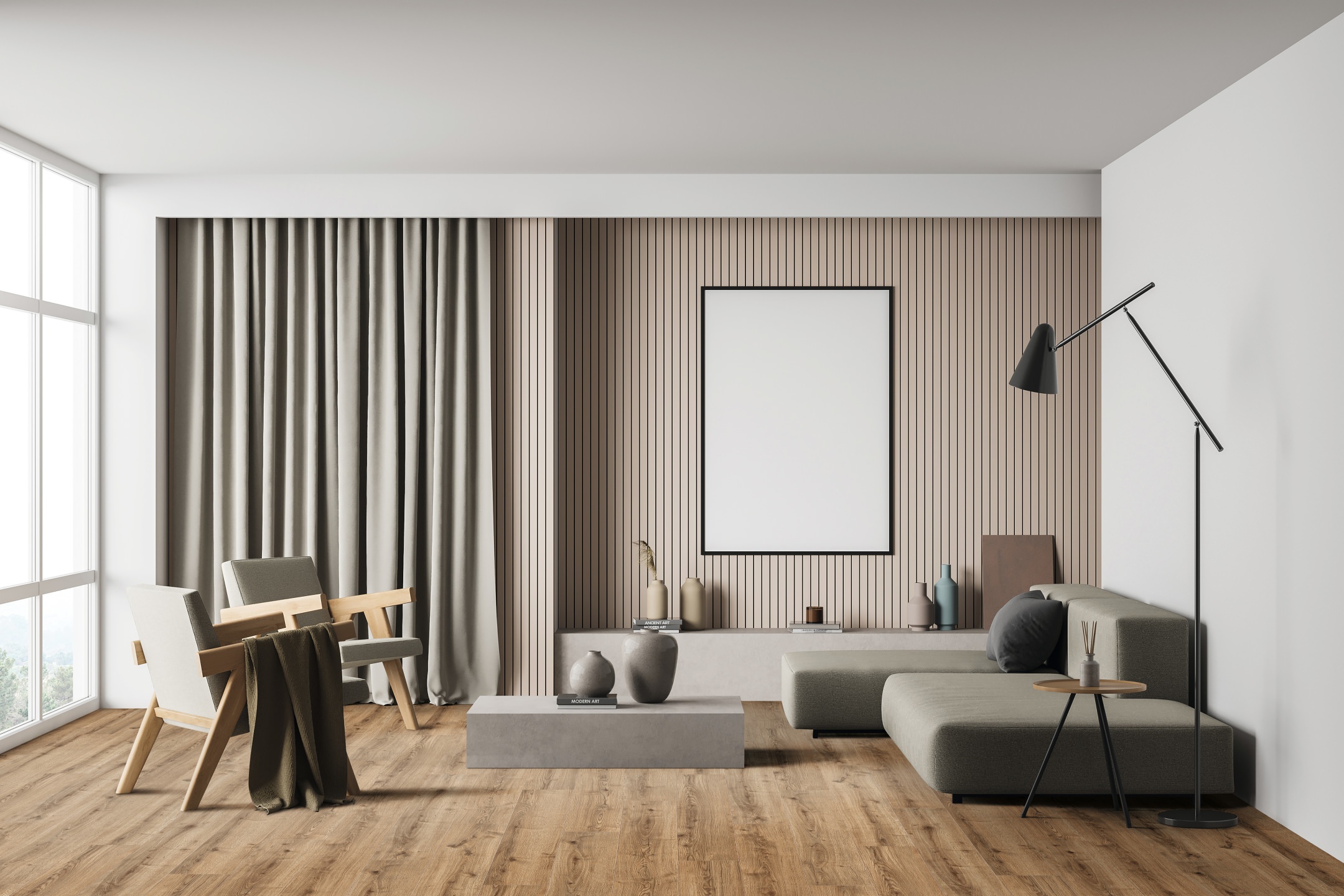 Ein warm eingerichtetes Wohnzimmer mit braunem HARO Designboden. Die überwiegend in Kaffeemfarben gehaltene Einrichtung strahlt Gemütlichkeit und stilvolle Eleganz aus.