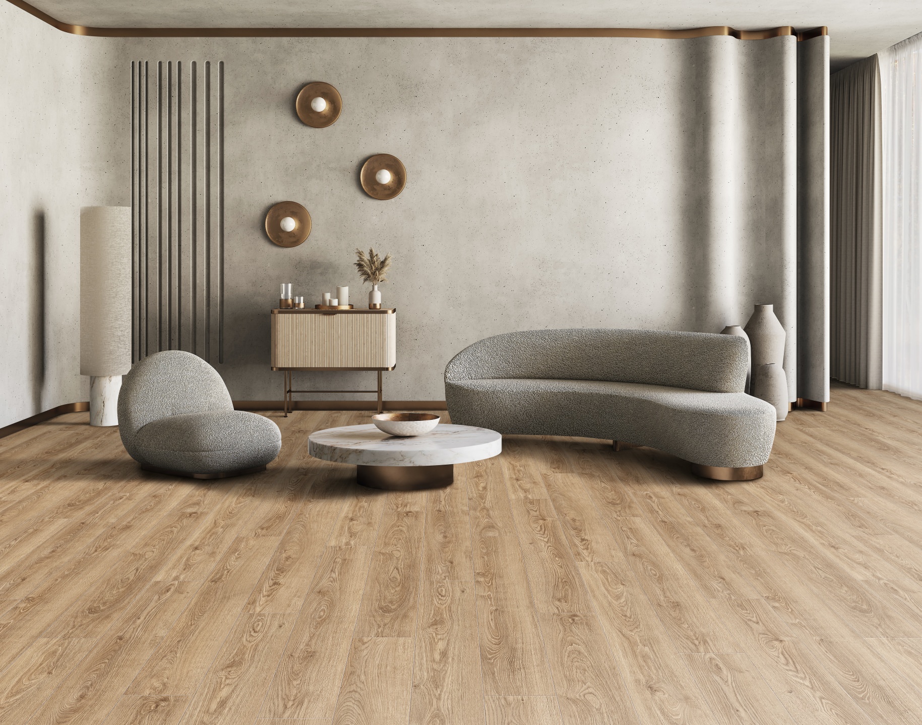Offen gestaltetes Wohnzimmer mit minimalistischem Design und braunem HARO Designboden. Die funktionale Einrichtung betont klare Linien und eine moderne, aufgeräumte Atmosphäre.