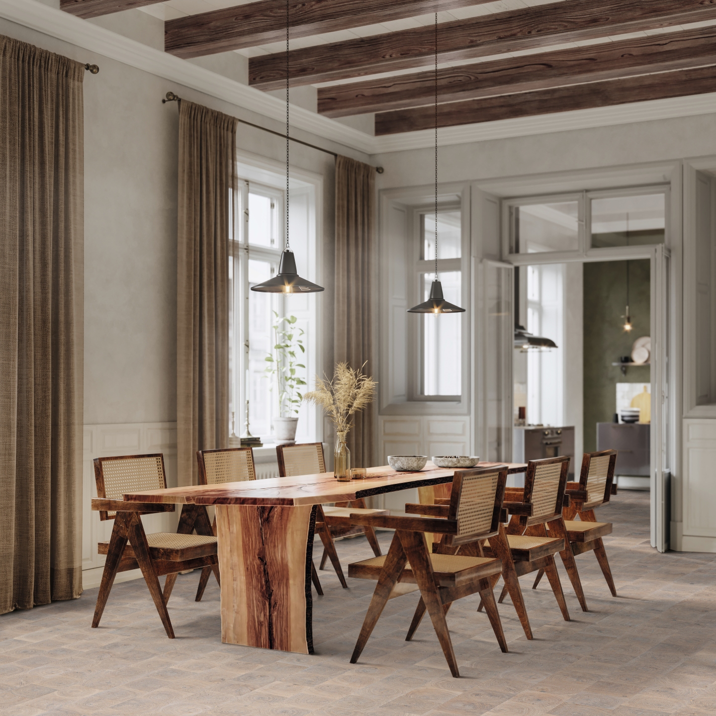 In einem großzügigen, hell eingerichteten Esszimmer erstreckt sich ein heller, hochwertig verlegter Parkettboden aus der HARO Parkettmanufaktur.