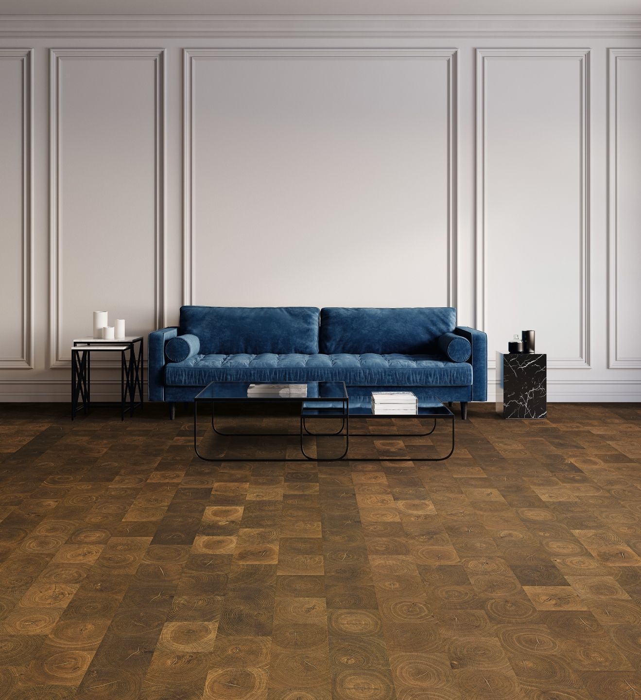 In einem stilvollen Wohnraum steht ein blaues Sofa mittig auf einem dunklen, hochwertig verlegten Parkettboden aus der HARO Parkettmanufaktur.