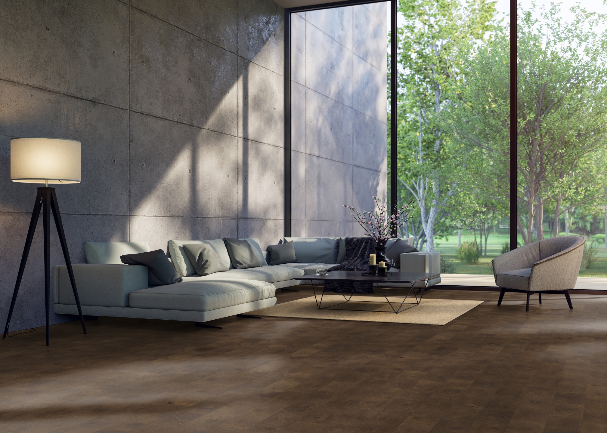 In einem modernen Wohnzimmer mit großzügiger Fensterfront erstreckt sich ein brauner, hochwertig verlegter Parkettboden aus der HARO Parkettmanufaktur.