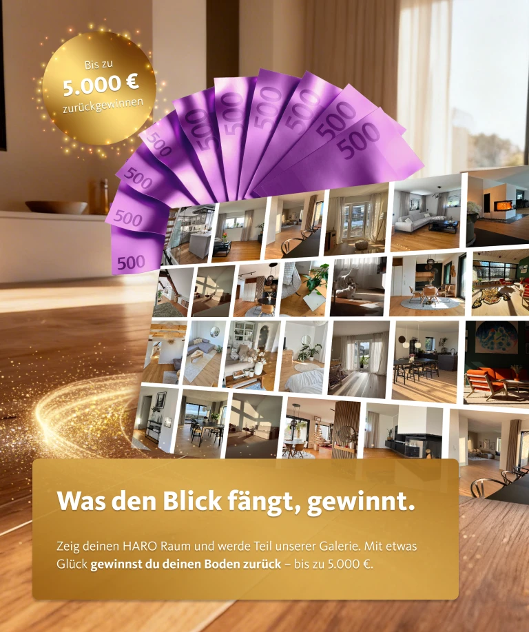 Titelbild des HARO Cashback-Gewinnspiels: Ein Wohnraum mit Parkettboden, eine Collage aus Kundenfotos sowie der Hinweis auf die Chance, bis zu 5.000 Euro für eingereichte Raumbilder zurückzugewinnen.