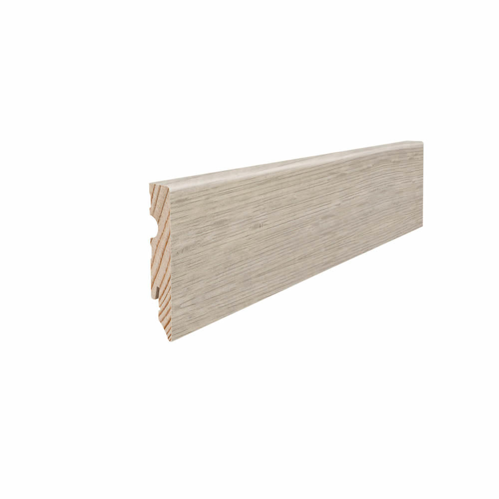 Battiscopa ad innesto di legno massiccio 15 x 80 mm cubo 2,2 m pellicola su MDF, res. all'acqua Rovere Sicilia bianco / Bergamo grigio*
