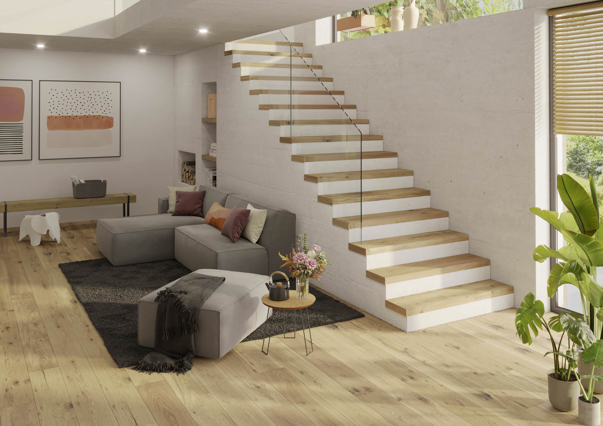 Helles Wohnzimmer mit durchgängig verlegtem, hellem HARO Parkettboden – auch auf der Treppe.