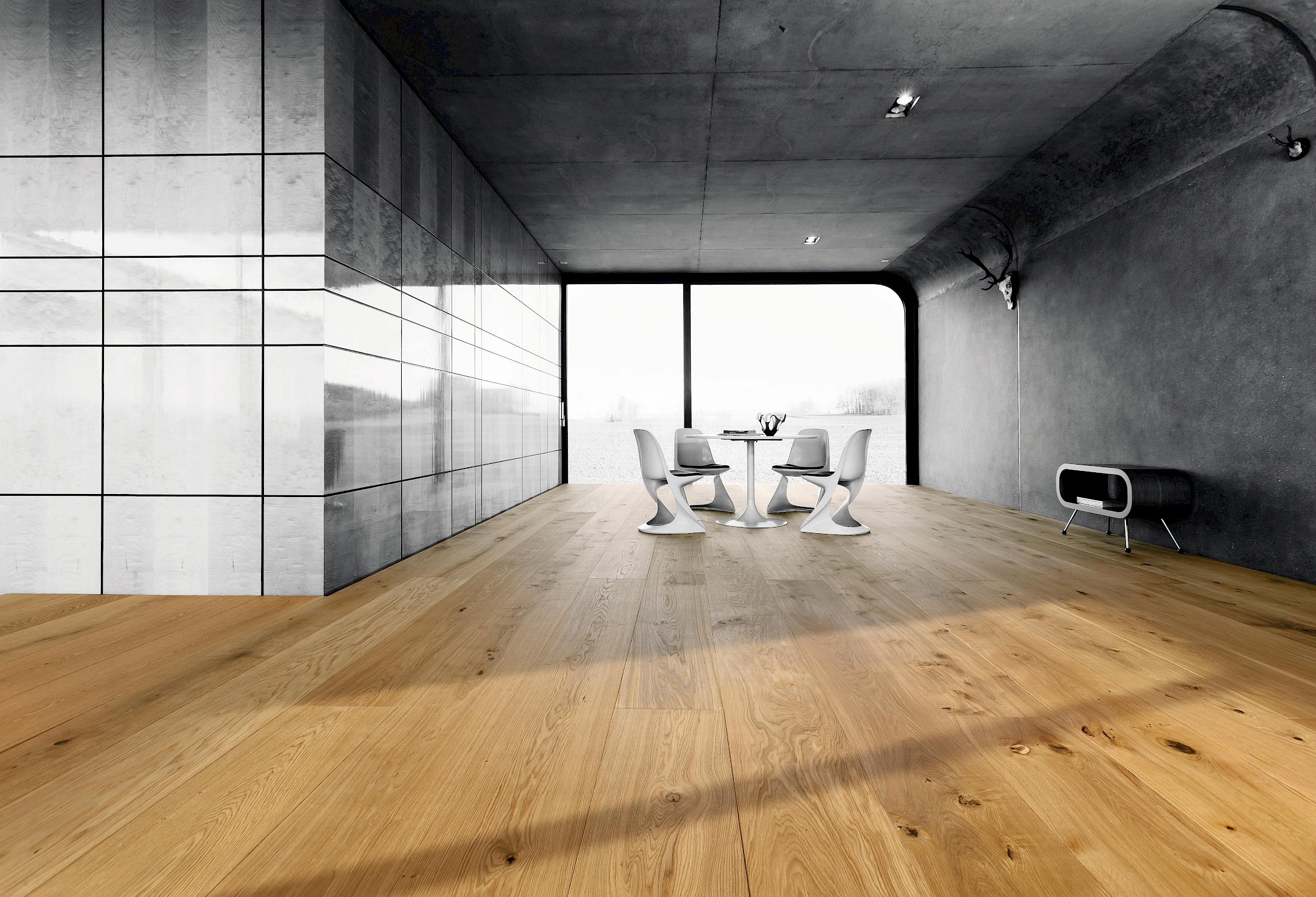 Großzügiges und modern eingerichtetes Esszimmer mit XL Dielen der HARO parkettmanufaktur – edles Design trifft auf hochwertige Handwerkskunst.