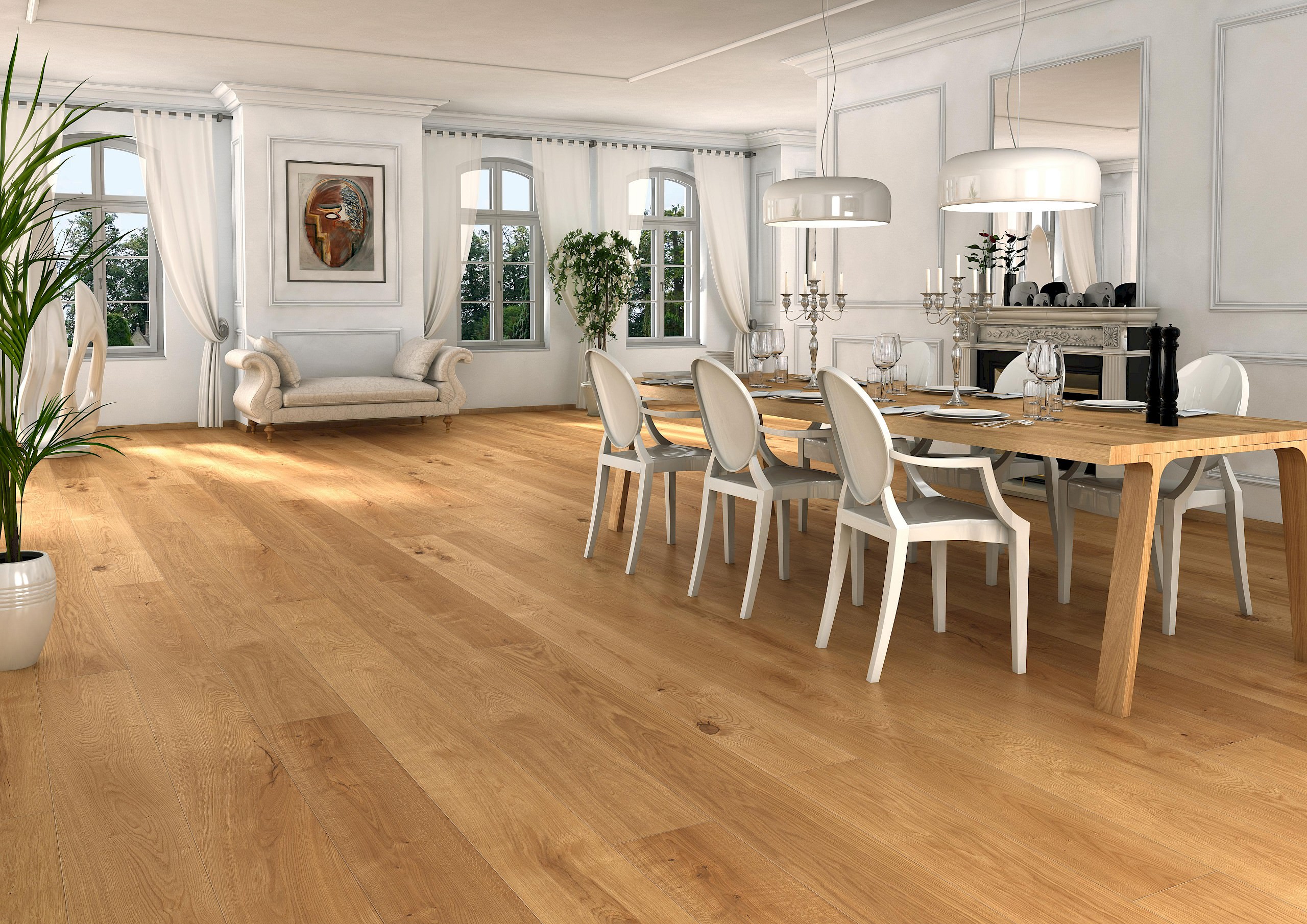 Großes, lichtdurchflutetes Esszimmer mit XL Dielen der HARO parkettmanufaktur – natürliche Eleganz trifft auf modernes Wohnambiente.