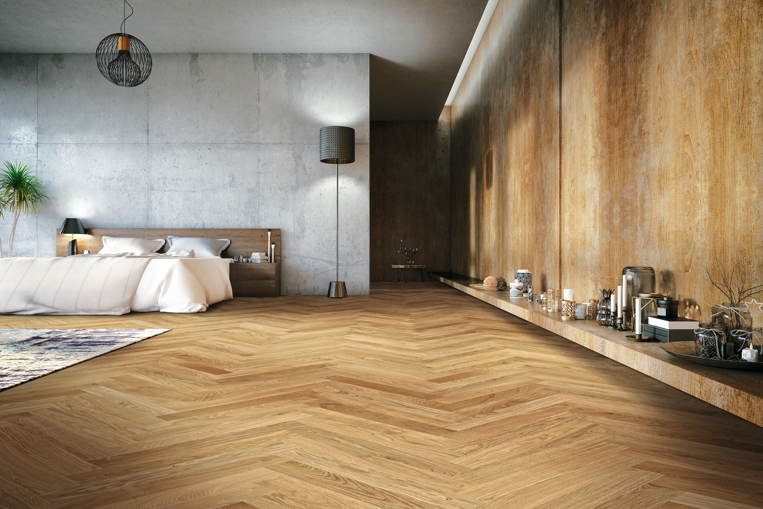 Großzügiges und modern gestaltetes Schlafzimmer mit stilvollen Holz- und Betonelementen an der Wand, ergänzt durch elegantes Stab-Parkett der HARO parkettmanufaktur im Fischgrät-Muster.