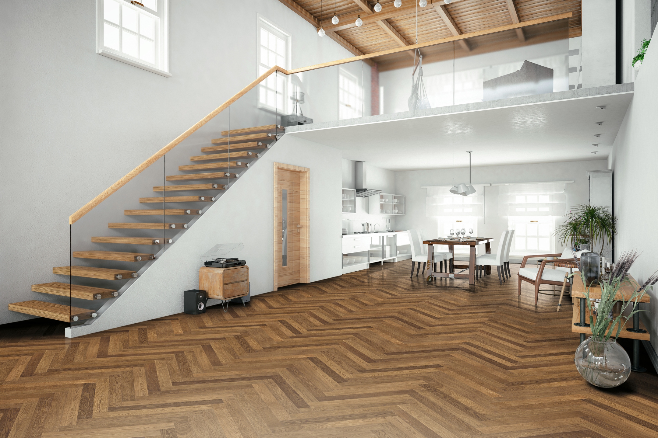 Große, lichtdurchflutete Wohnung mit Stab-Parkett der HARO parkettmanufaktur im eleganten Fischgrät-Muster – zeitlose Ästhetik trifft auf modernes Wohngefühl.