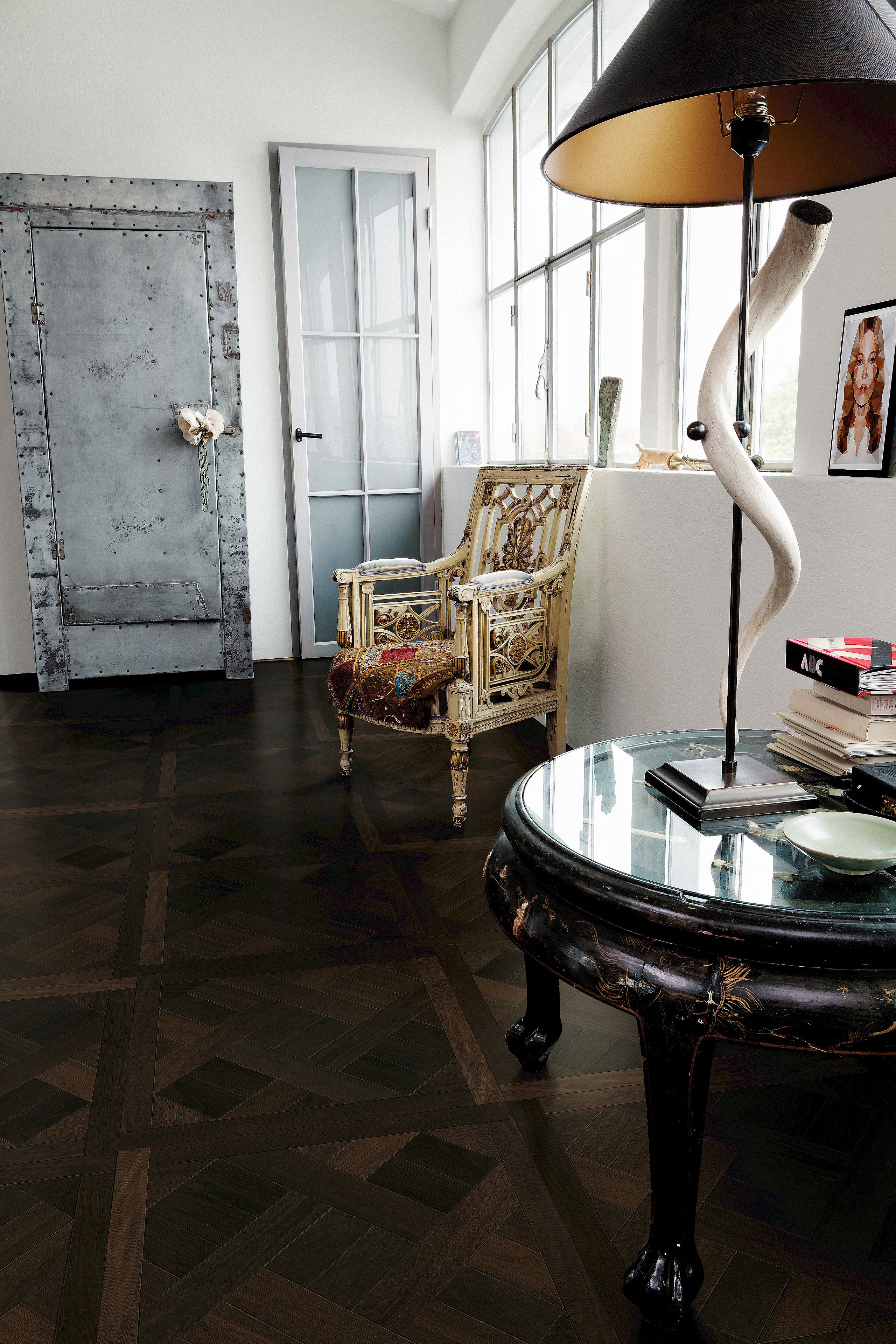 Prunkvoll eingerichteter Eingangsbereich mit edlem Tafelparkett der HARO parkettmanufaktur – luxuriöse Eleganz und meisterhafte Handwerkskunst vereint in einem beeindruckenden Raum.